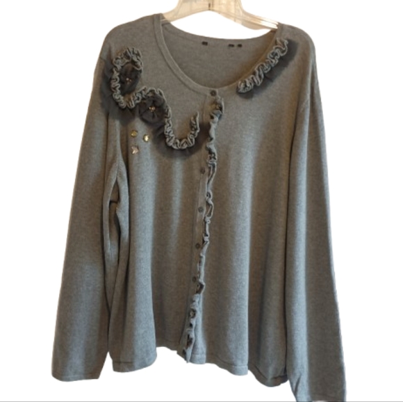 Daisy Fuentes Cotton Cardigan Floral Applique‎ Ruffles 1950s Vibes Retro - Picture 1 of 13